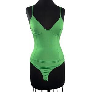 ZARA Green Bustier Bodysuit Stretch Sweetheart Neck Spaghetti Strap Sz M Medium